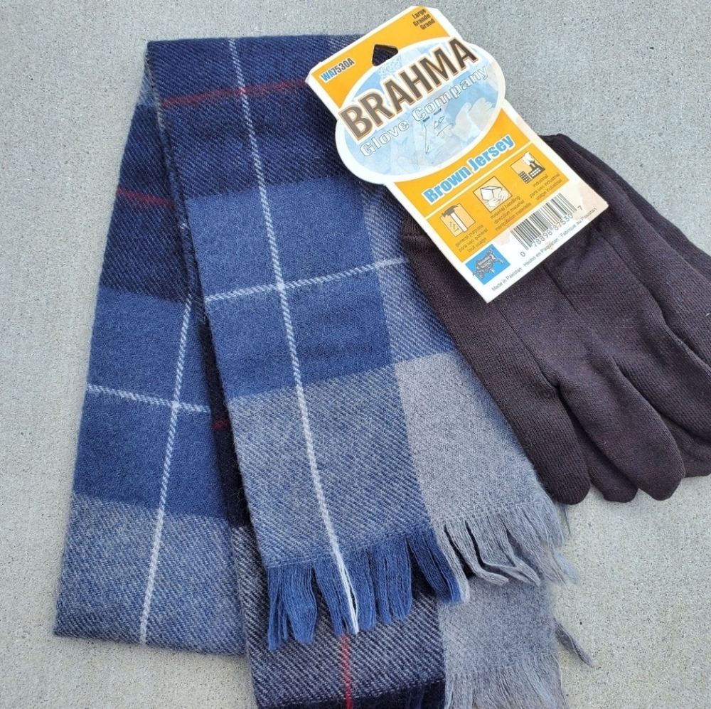 Blue Plaid Scarf and Charcoal Grey Gloves Men's